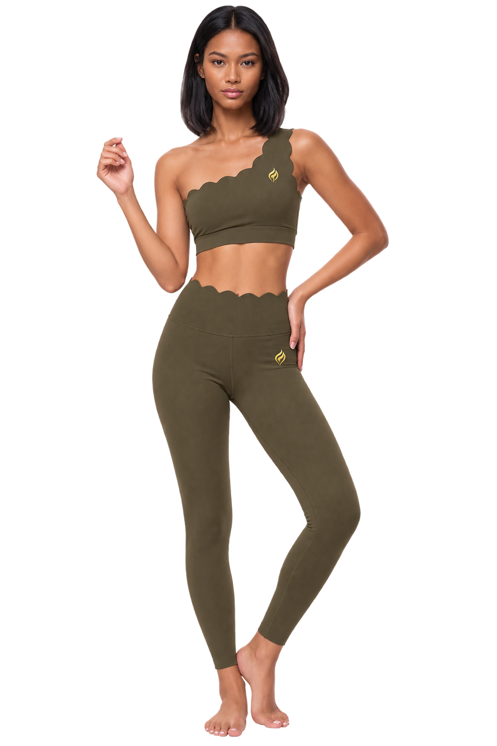 Scallop One-Shoulder Set — Olive Green